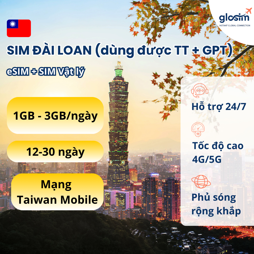 SIM Du lịch Đài Loan 12-30 ngày, eSIM Du lịch Đài Loan dùng được hết các app, Không cần đăng ký