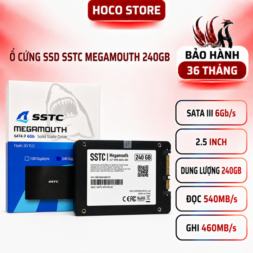 Ổ Cứng SSD SSTC Megamouth 240GB SATA III 2.5 Inch | Đọc 540MB/s Ghi 460MB/s | BH 36 Tháng | Hoco Sto