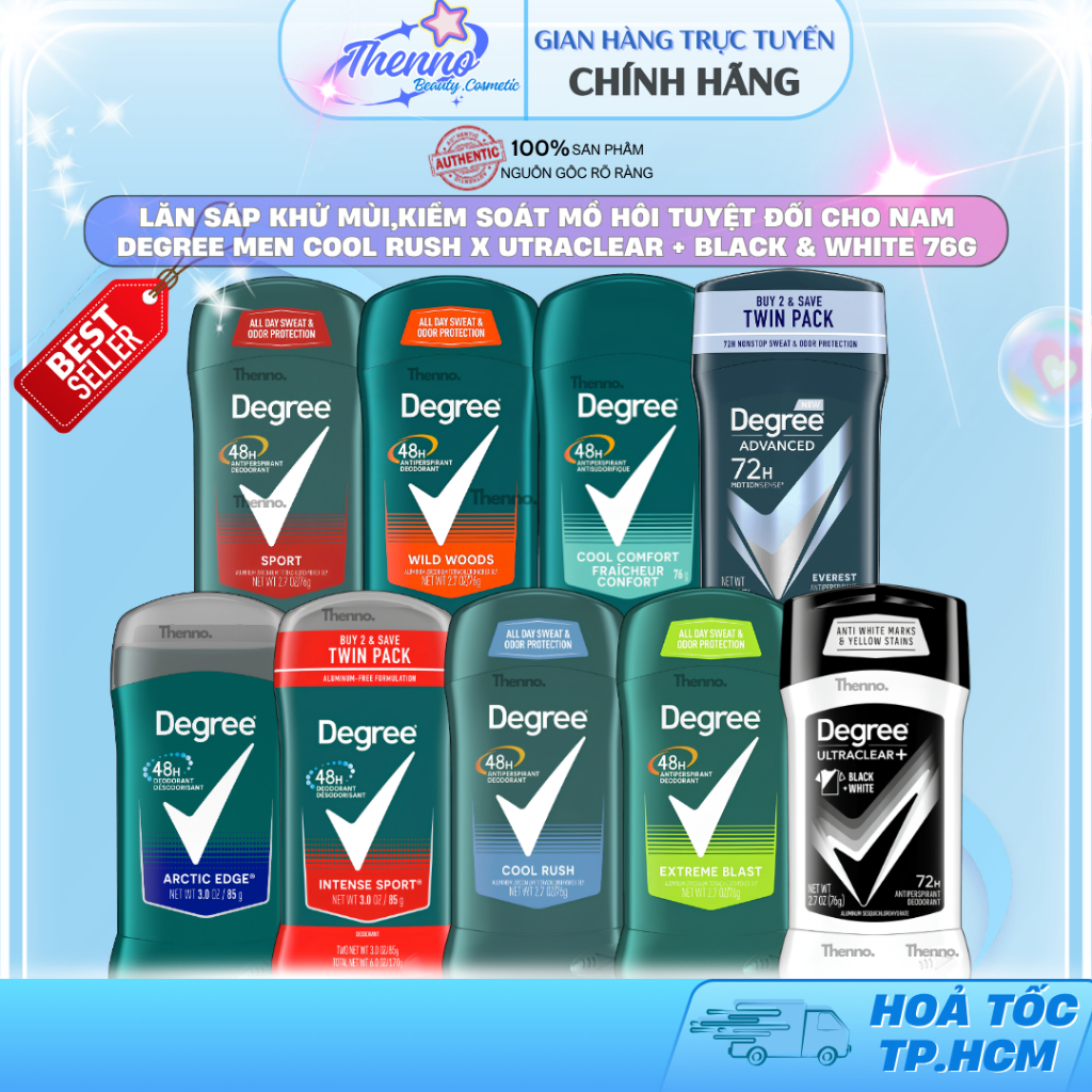 Lăn Sáp Khử Mùi,Kiểm Soát Mồ Hôi Tuyệt Đối Cho Nam Degree Men Cool Rush x Utraclear + Black & White 