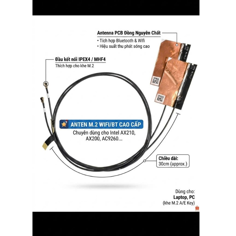 1 Cặp (2 dây)  Anten Card Wifi Laptop, PC đồng bộ, itx Liền Dây chuẩn IPEX4 50 cm cho Ax210, Ax200, 