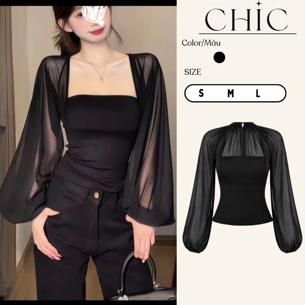 Áo Thun Ôm Body Phối Lưới Tay Dài Tôn Dáng, Áo Kiểu Nữ  Phối Lưới Tay Phồng Mặc Được Nhiều Kiểu Chất Cotton- CHIC HOUSE