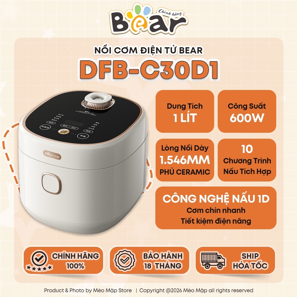 [ NỒI CƠM ĐIỆN TỬ ] BEAR DFB-C30D1 - Dung Tích 1L - Công Suất 600W - Lòng Nồi Tráng Ceramic Oil - Mè