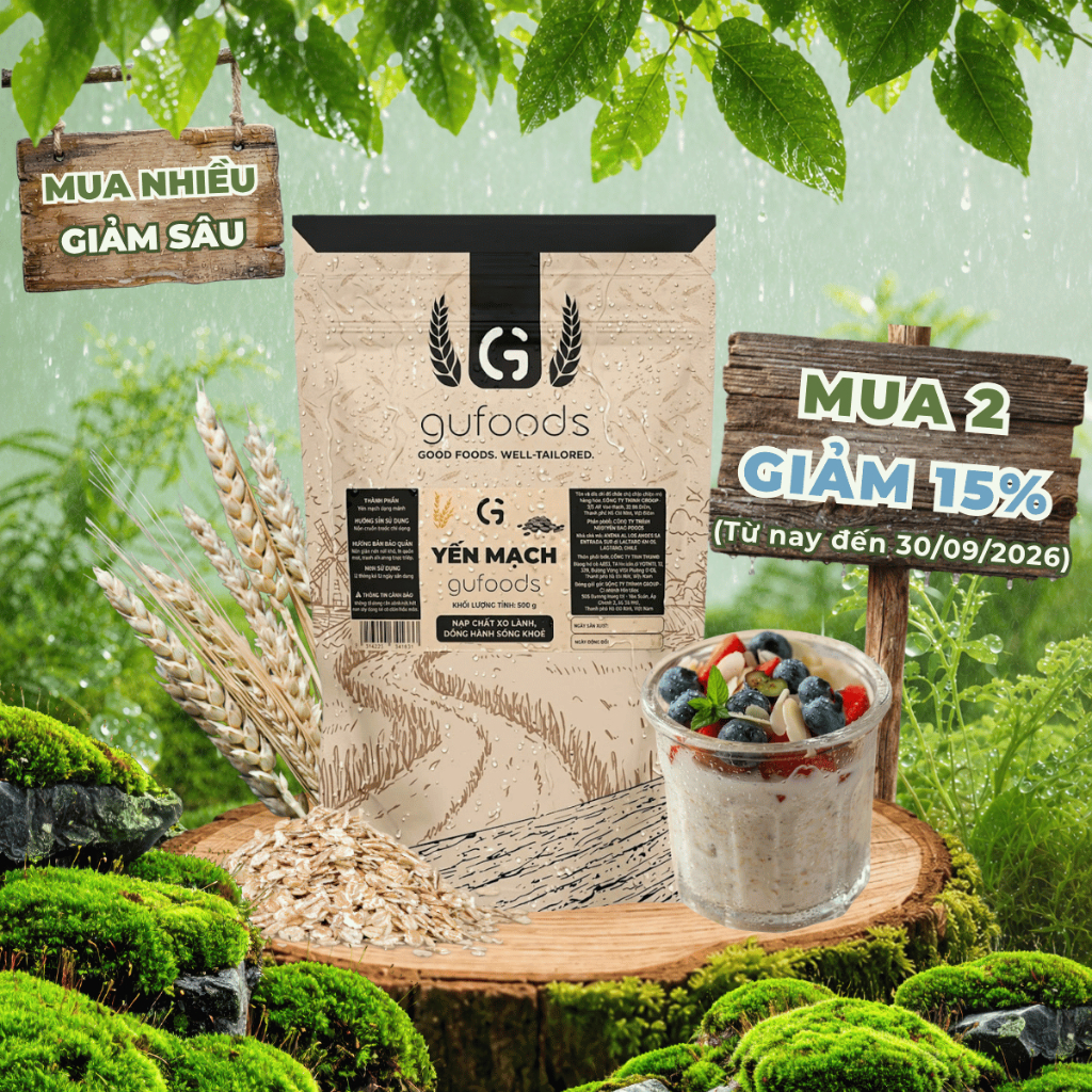 Yến mạch tươi cán mỏng (cán dẹt) GUfoods - Giàu chất xơ, Healthy, Tập gym, Eat clean (túi zip 500g)