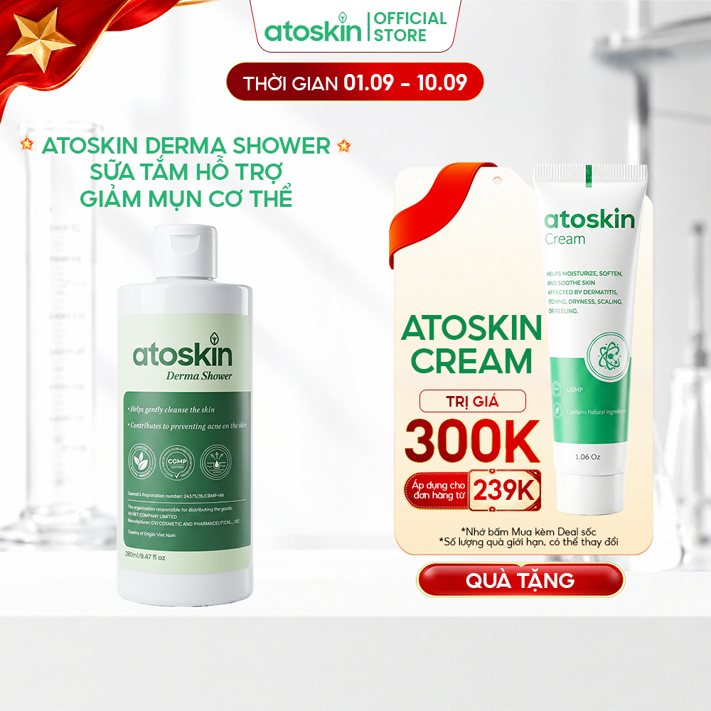 Sữa Tắm Mụn Lưng Atoskin Derma Shower 200ml - Hỗ Trợ Làm Sạch Da, Cải Thiện Mụn & Viêm Nang Lông