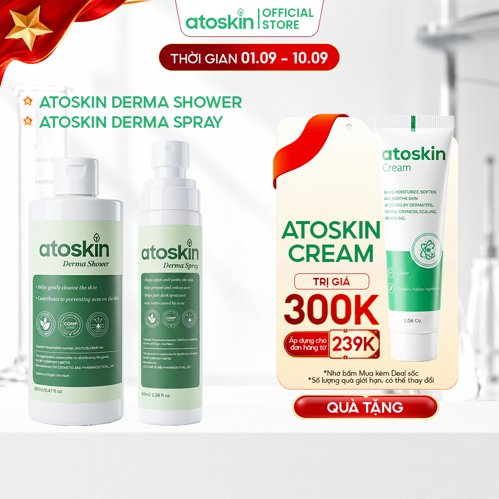 [MUA 2 GIẢM 37% | 1.9-10.9] Combo Sữa Tắm Atoskin Derma Shower + Xịt Mụn Lưng Atoskin Derma Spray – 