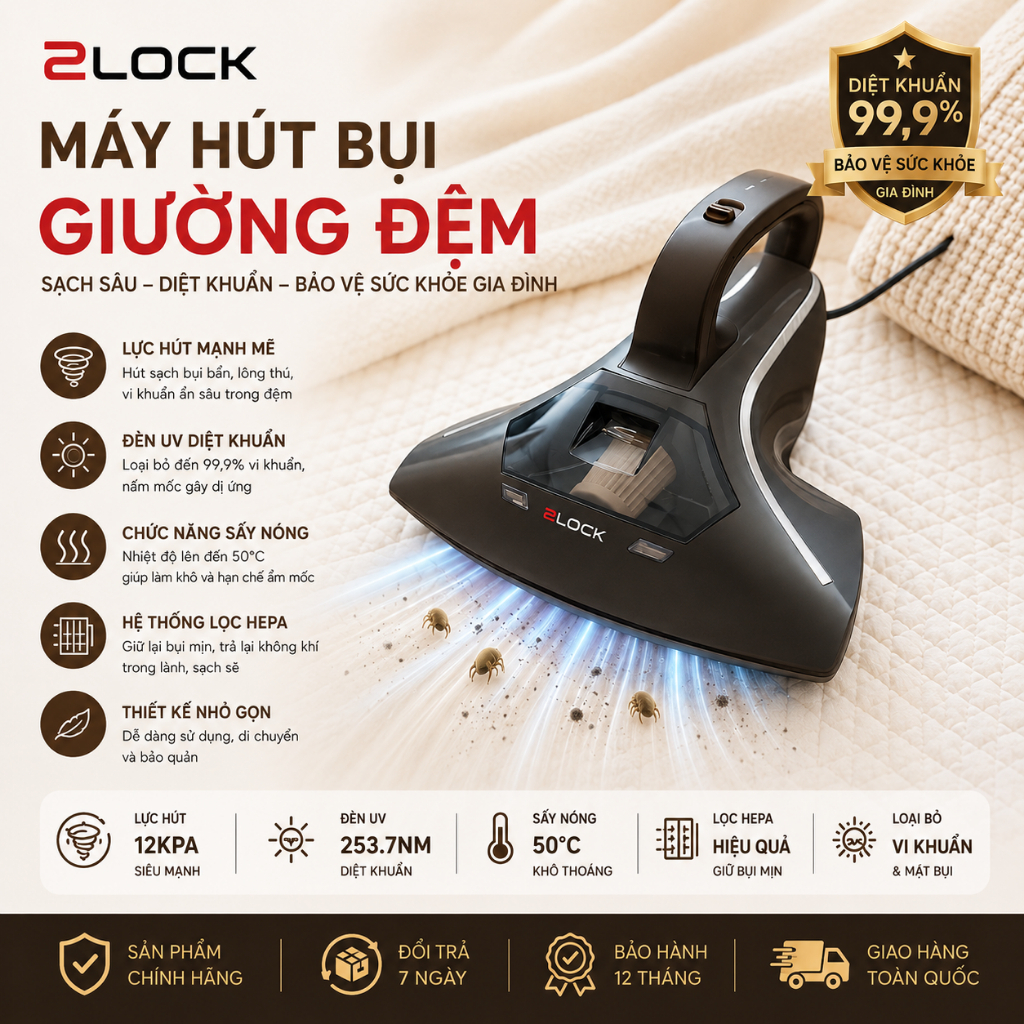 Máy Hút Bụi Diệt Khuẩn Chăn Nệm 2LOCK, Máy Hút Bụi Giường Nệm, Nhập Hàn, BH 12 Tháng, shophangduc