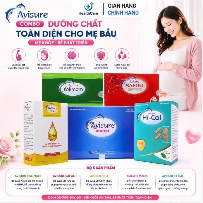 Combo Avisure Sắt Canxi DHA Vitamin Tổng Hợp Cho Bà Bầu, Trước Bầu, Sau Sinh Chính Hãng