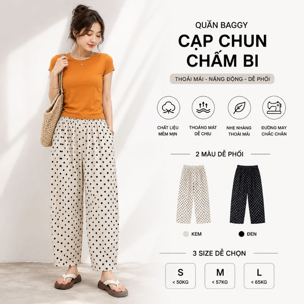 Quần Baggy Nữ Chấm Bi Hot Trend, Quần Baggy Đũi Xước Tuýt Xi - Quần Baggy Công Sở Nữ Đẹp