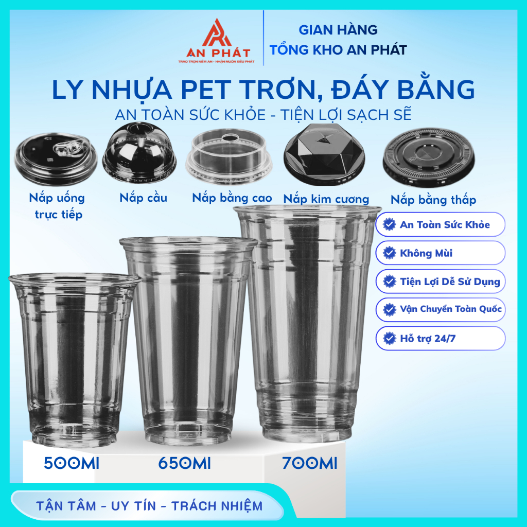 [LỐC 50 LY] Lốc 50 Ly Nhựa PET Trơn Đáy Bằng Loại Dày 360ml, 500ml, 650ml, 700ml Đựng Cafe, Trà Sữa,