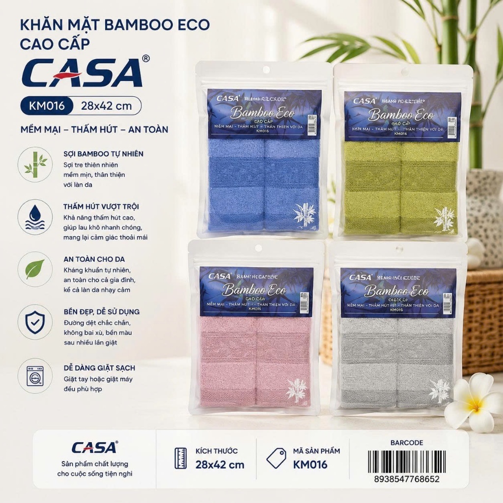 KHĂN MẶT (SỢI TRE PHA SỢI COTTON TỰ NHIÊN) BAMBOO ECO CAO CẤP CASA