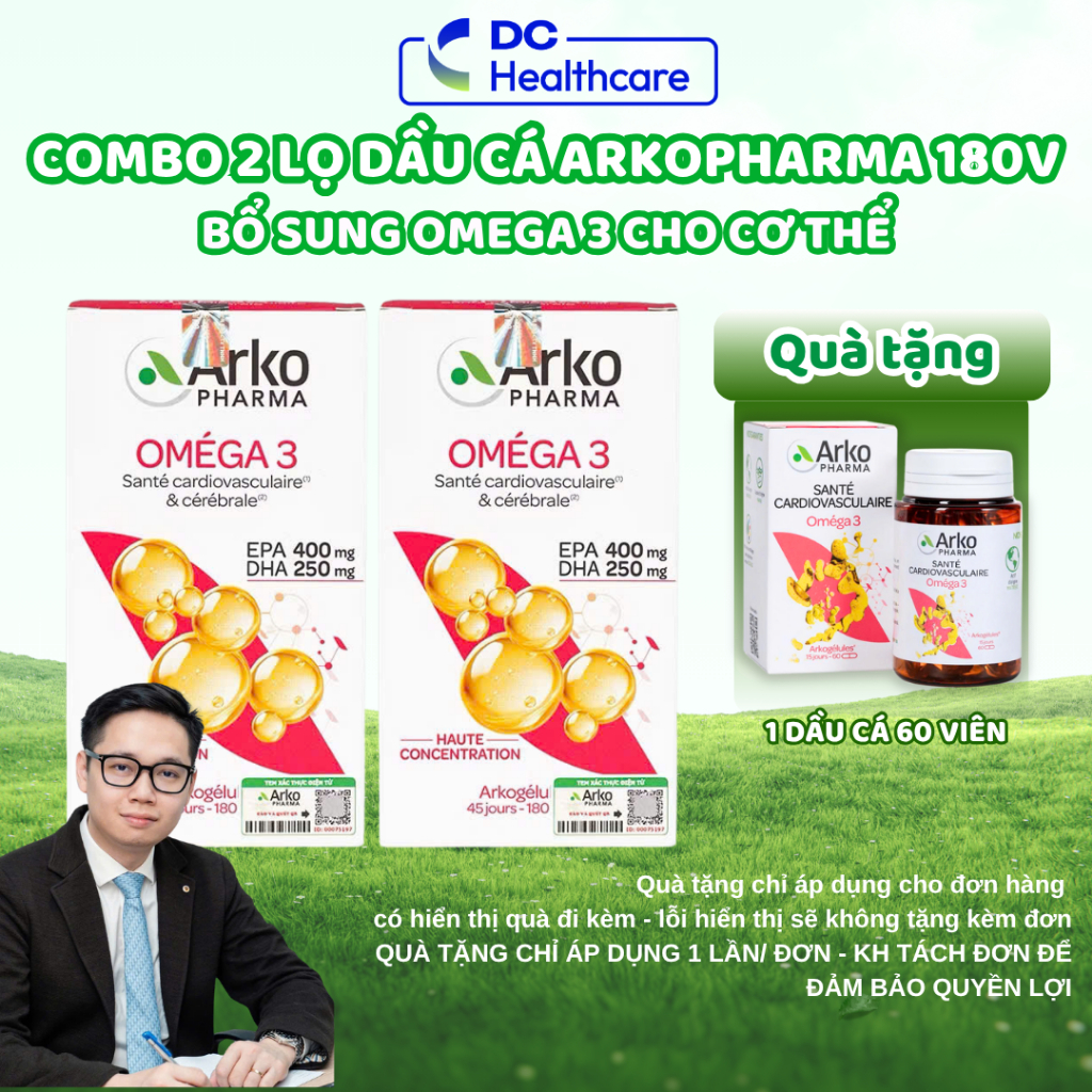 Combo 2 Dầu Cá Arkopharma Omega 3 180 Viên  - Hỗ trợ tăng cường sức khỏe tim mạch Drcung Healthcare