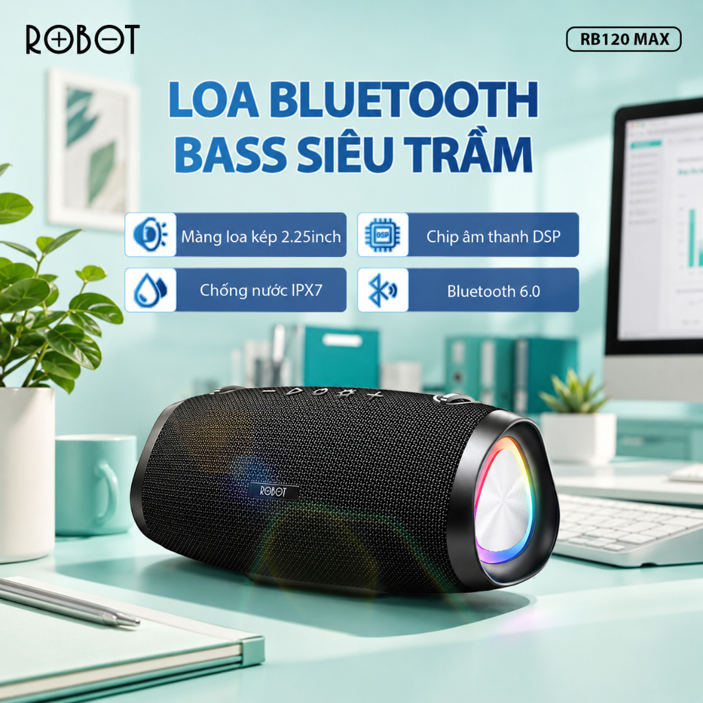 VIVAN Loa Bluetooth Robot RB120 MAX 30W Pin 5000mAh Chống Nước IPX7 - Đi Dã Ngoại Du Lịch Picnic