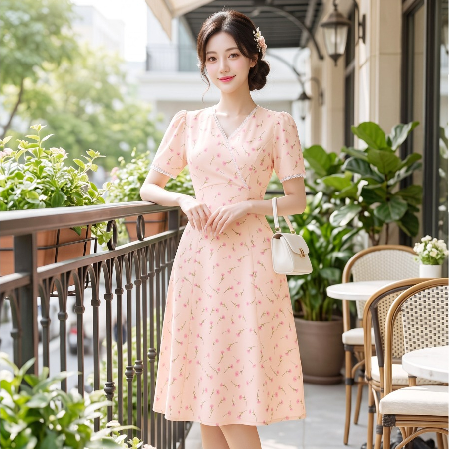 Đầm thiết kế Lux W Fashion hoa nhi cổ v màu hồng xinh công sở thanh lịch Hồng lụa envy