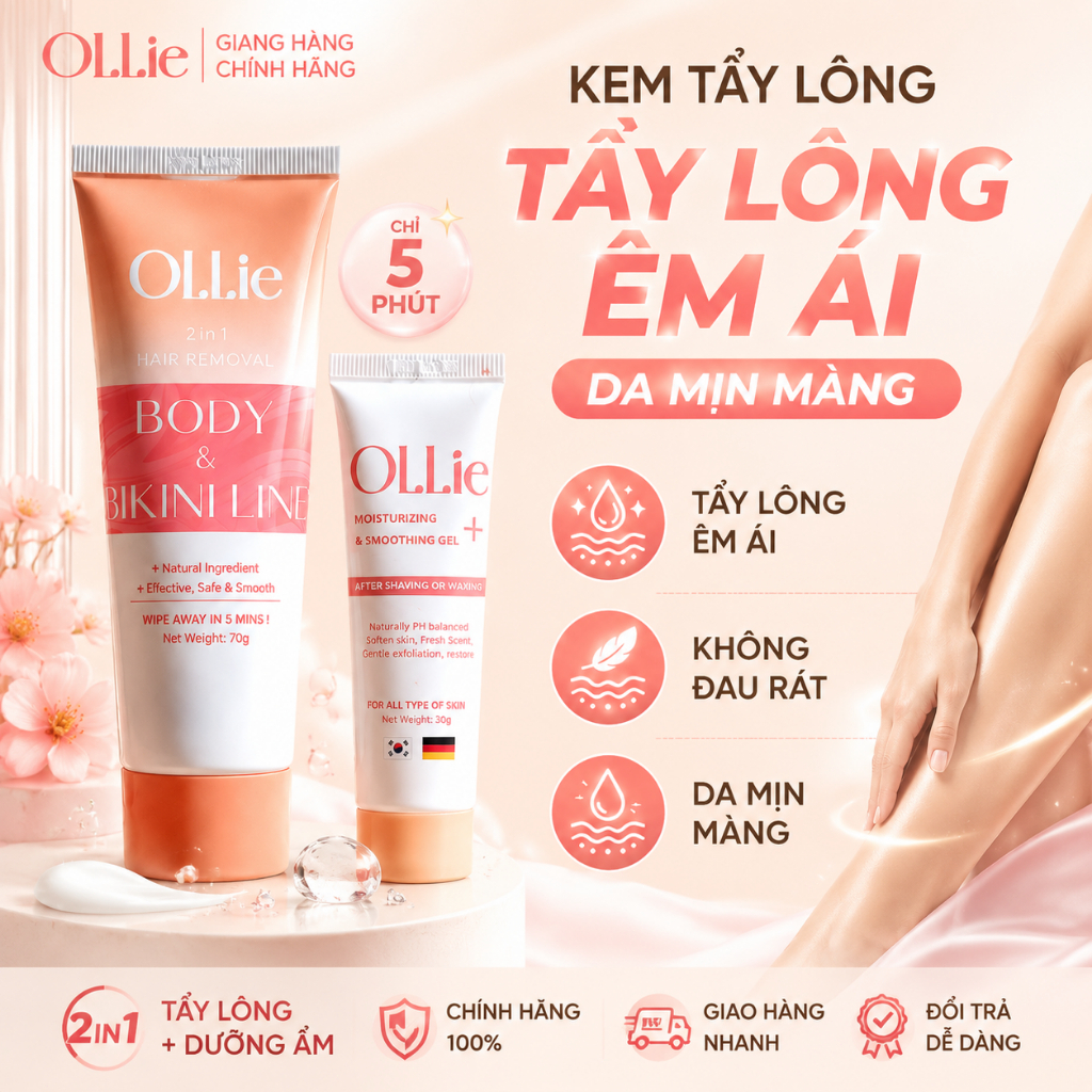 Kem tẩy lông Ollie tẩy vùng kín nách tay chân 70g+Kem dưỡng sau tẩy lông làm dịu da và làm chậm quá 