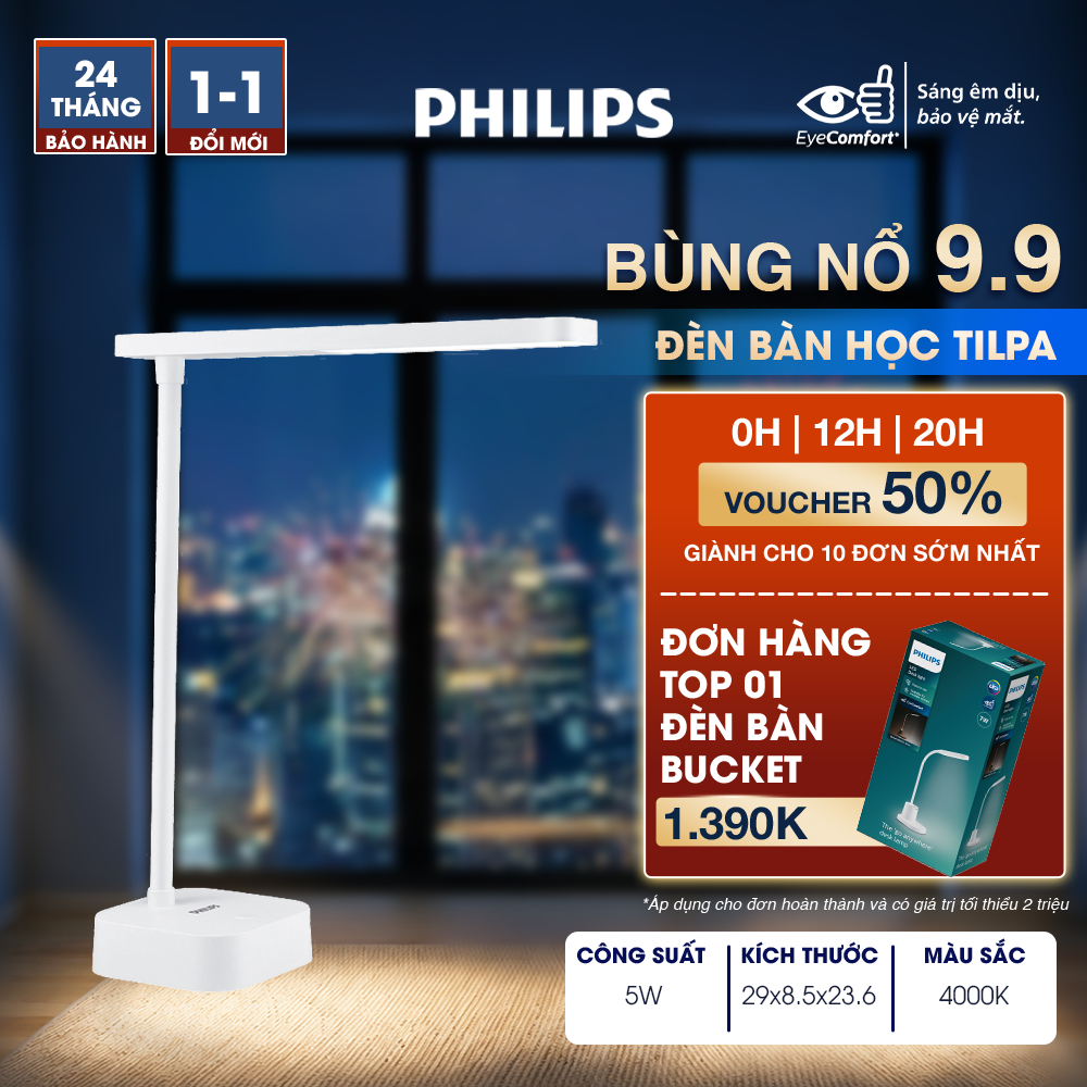 Đèn bàn học PHILIPS bảo vệ mắt DSK212 Tilpa PT 5W 4000K - Điều chỉnh độ sáng, êm dịu cho đôi mắt khỏe đẹp