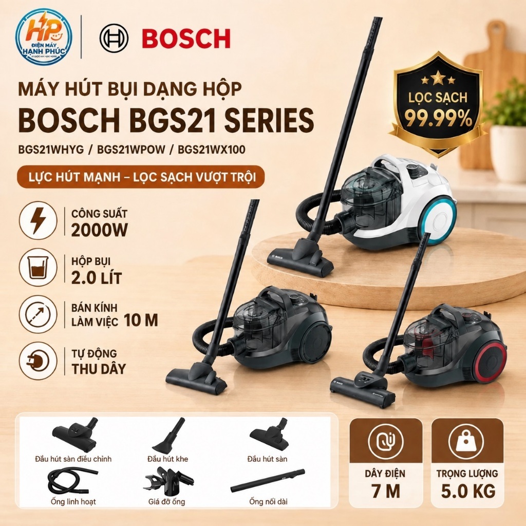 Máy hút bụi dạng hộp Bosch BGS21WHYG / BGS21WPOW / BGS21WX100 - Công suất 2000W