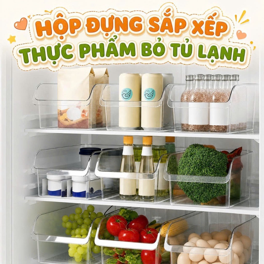Hộp đựng sắp xếp thực phẩm bỏ tủ lạnh gọn gàng bằng nhựa PET dày dặn 29.5x16.2x11cm