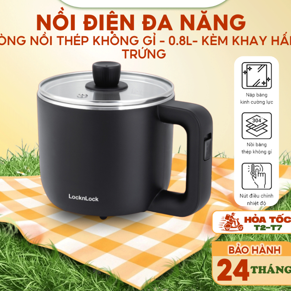 [Top Value] Nồi điện đa năng LocknLock 0.8L Kèm Khay Hấp Trứng, nồi lẩu mini, nấu mì  EJP116BLK