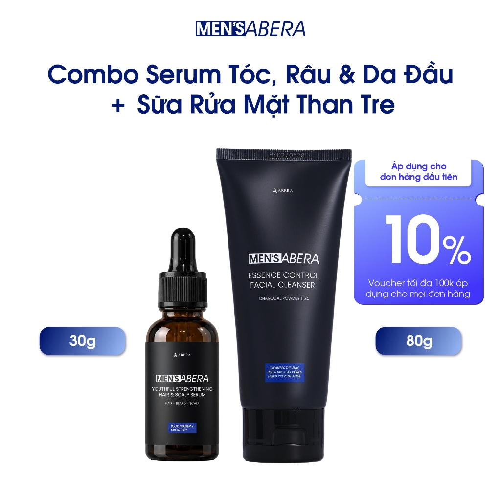 Combo Serum Tóc Râu Da Đầu 30g + Sữa Rửa Mặt Than Tre MEN'S ABERA 80g