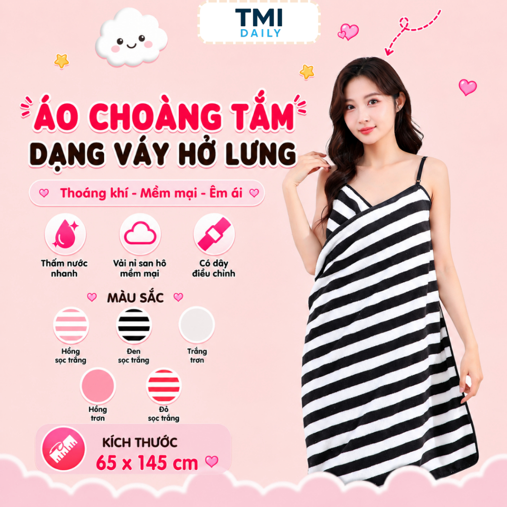 Áo Choàng Tắm, Khăn Tắm Quấn Người Dạng Váy Dây Hở Lưng Thấm Hút Mềm Mại TMI Daily Có Thể ĐIều Chỉnh