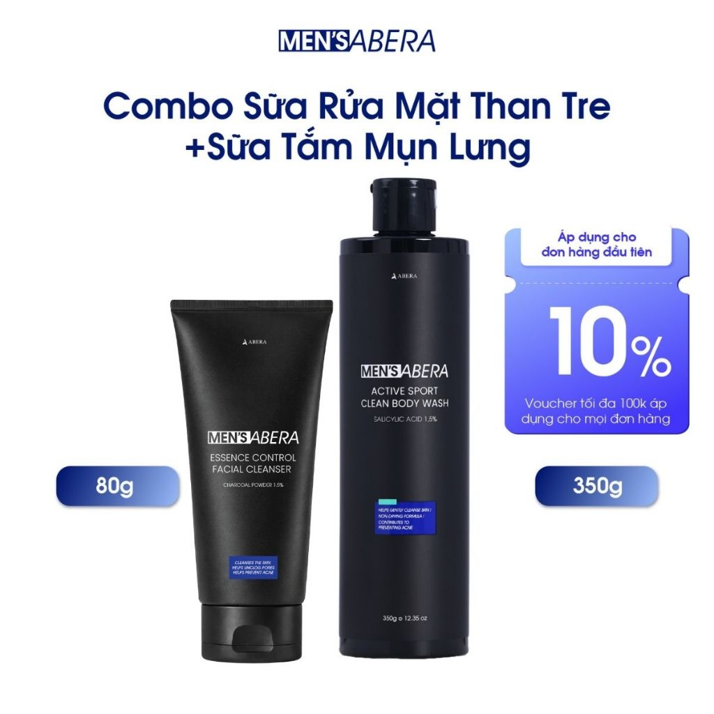 Combo Sữa Rửa Mặt Than Tre + Sữa Tắm Mụn Lưng MEN'S ABERA