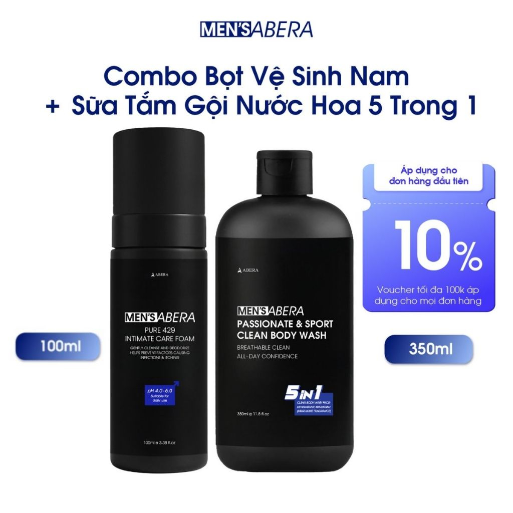 Combo Sữa Tắm Gội Nước Hoa 5 Trong 1 350ml + Bọt Vệ Sinh Nam MEN'S ABERA 100ml - Hỗ Trợ Làm Sạch, Kh