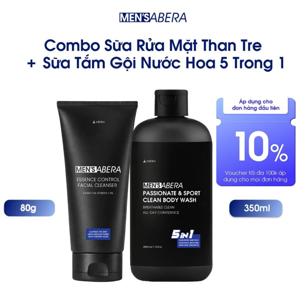 Combo Sữa Rửa Mặt Than Tre 80g + Sữa Tắm Gội Nước Hoa 5 Trong 1 MEN'S ABERA 350ml
