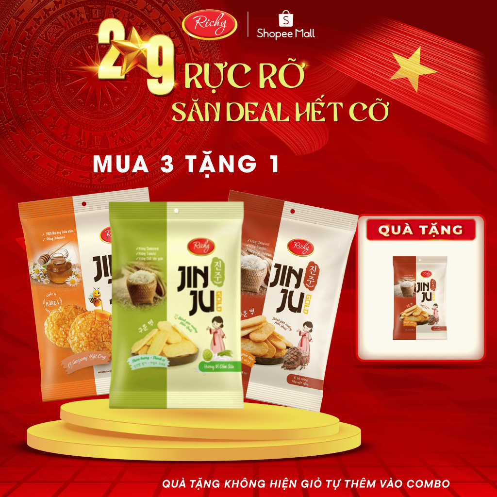 [HCM | MUA 3 TĂNG 1]  Tổng 4 gói bánh gạo Hàn Quốc Jinju Richy vị cốm sữa ganjang mật ong và bò nướn