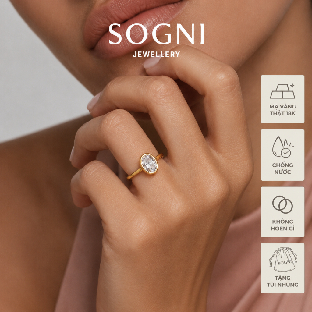 Nhẫn Đơn Nữ Titan Ovale Mạ Vàng PVD 18K Thép Không Gỉ Đá Cubic Zirconia AAA SOGNI HHR11