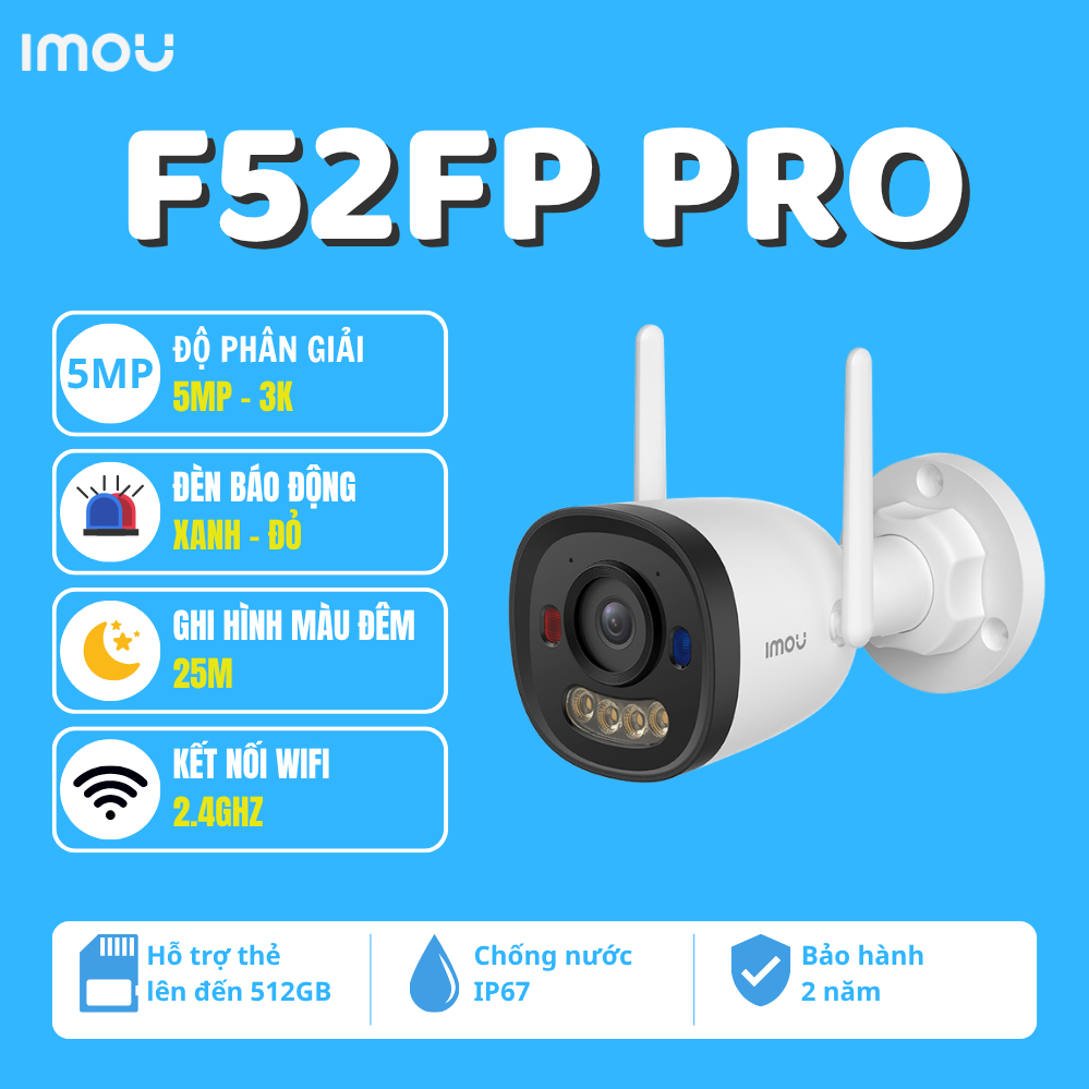 (TẶNG HỘP KT)Camera IMOU F52FP PRO/F52FP Ngoài Trời 5MP 3K WiFi 6,Có Màu Đêm,Đàm Thoại 2 Chiều,IP67
