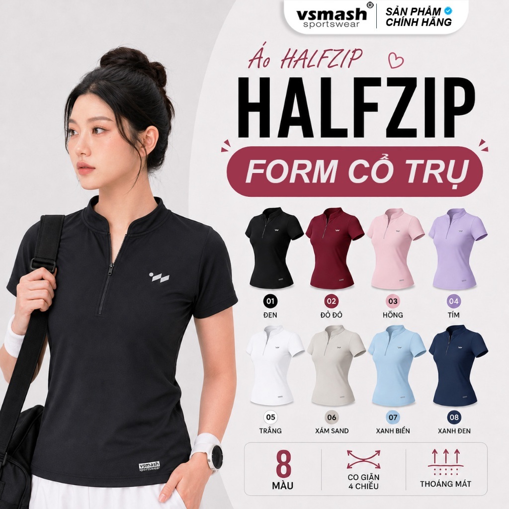 Áo Thun Thể Thao Nữ Vsmash Sportswear HALF ZIP  Cao Cấp – Co Giãn Nhẹ Mát Gym Chạy Bộ Cầu Lông Yoga 