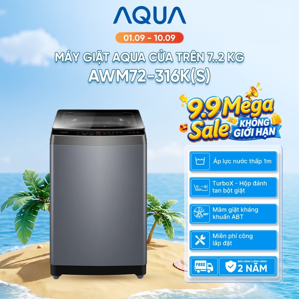 Máy giặt cửa trên AQUA 7.2 kg AWM72-316K(S) - Bảo hành 3 năm - Freeship toàn quốc