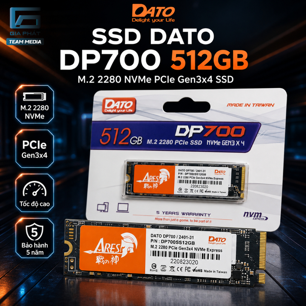 Ổ Cứng SSD DATO DP700 512GB M.2 NVMe PCIe Gen3x4 2280 Tốc Độ Cao Cho PC Laptop New Box BH 36 Tháng