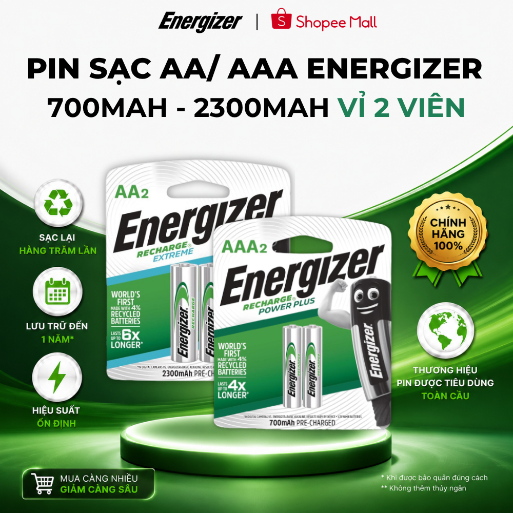 Pin sạc Energizer AA/ AAA dung lượng cao 700mAh - 2300mAh dành cho chuột không dây, điều khiển, máy ảnh Chính Hãng