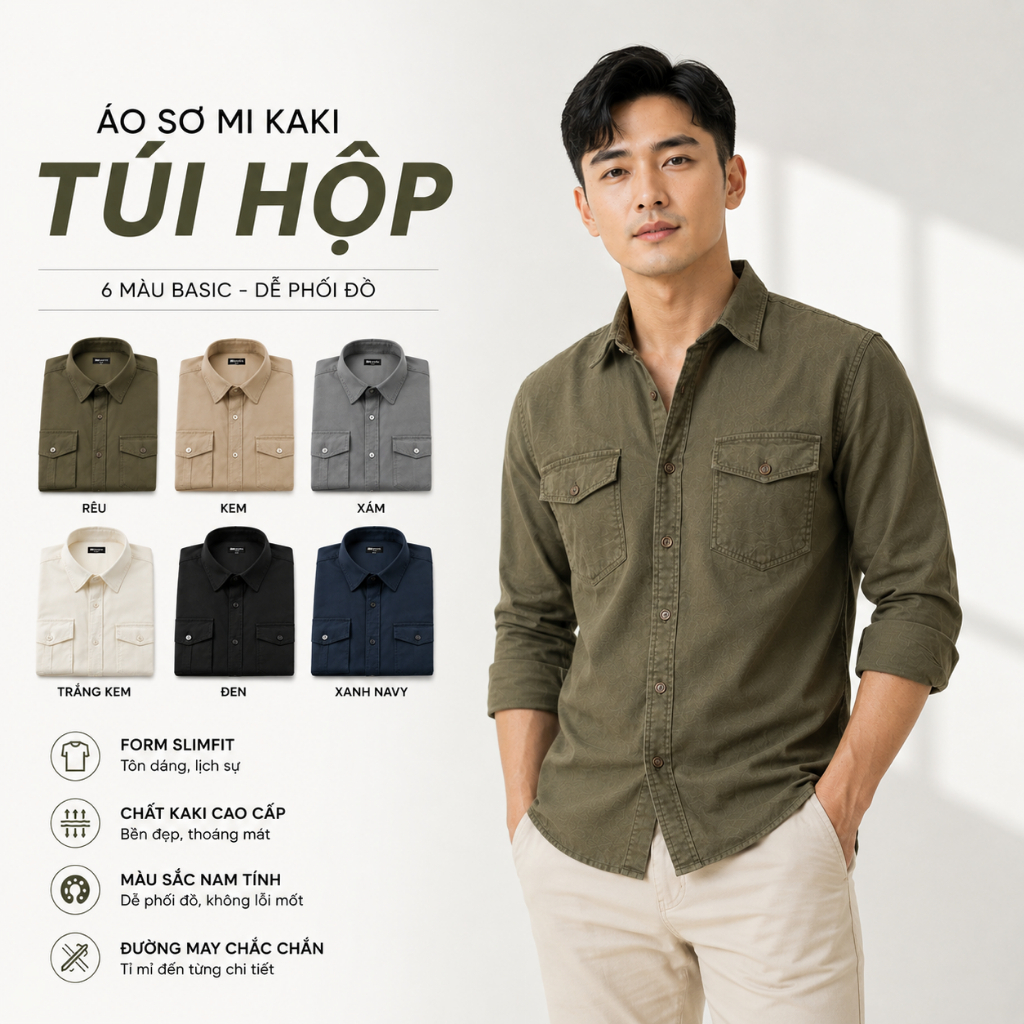 Áo Sơ Mi Kaki Nam Tay Dài GEN ALPHA Form Slimfit Dày Dặn Co Giãn 2 Túi Hộp Khoác Ngoại Nam Công Sở