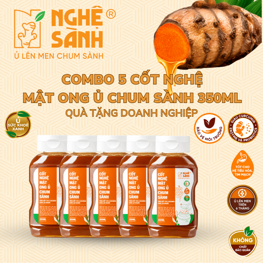 Set Quà Tặng Doanh Nghiệp -  COMBO 5 chai Cốt Nghệ Sành ủ mật ong giàu Curcumin, Enzymes & Probiotic