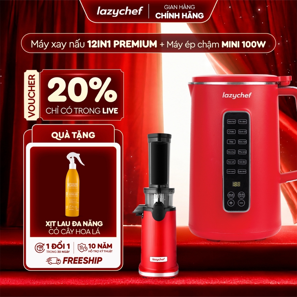 [Combo tiết kiệm] Máy Làm Sữa Hạt Lazychef Premium Max 12in1 1200ml và Máy ép chậm Lazychef mini 100