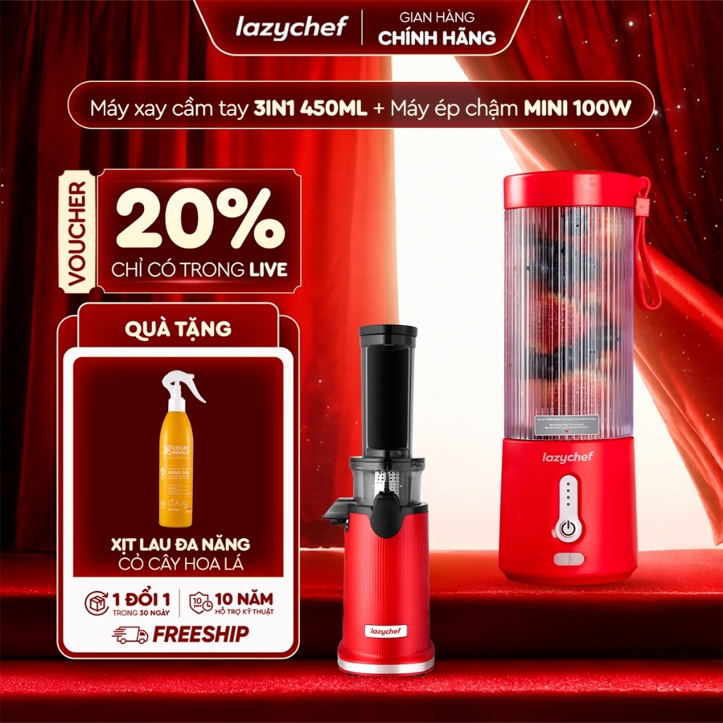 [Combo Thảnh Thơi] Máy ép chậm mini 3S Lazychef và máy xay Sinh Tố cầm tay tích điện 450ml lazychef
