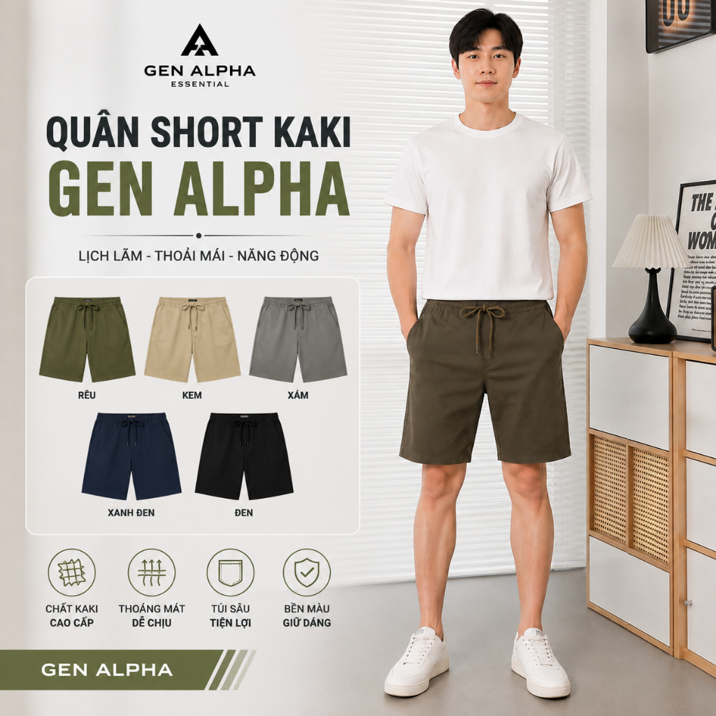 Quần Short Nam Kaki Thun Co Giãn Lưng Dây Rút Dáng Ôm Trơn GEN452 - GEN ALPHA
