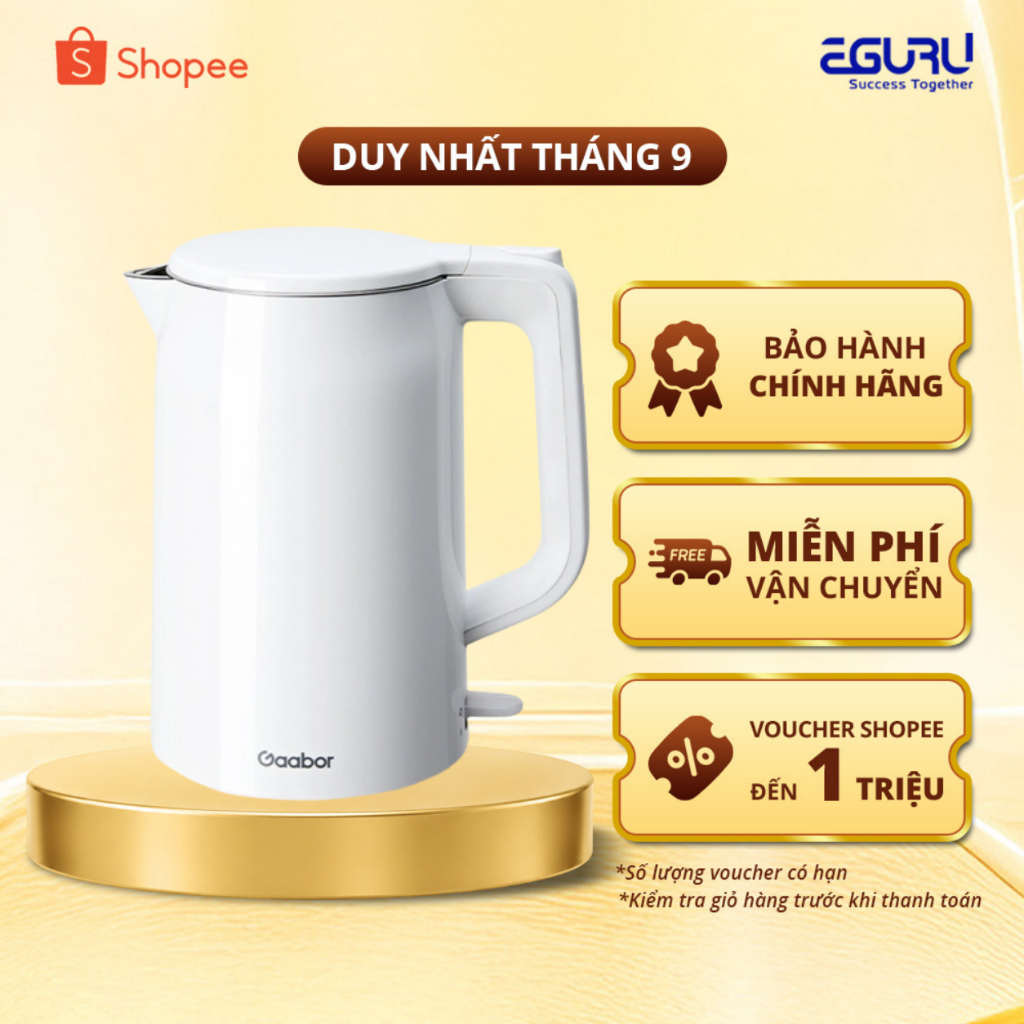 Bình đun siêu tốc Gaabor EK20M-WH02A 2L - Công suất 1500W, inox, đun sôi nhanh