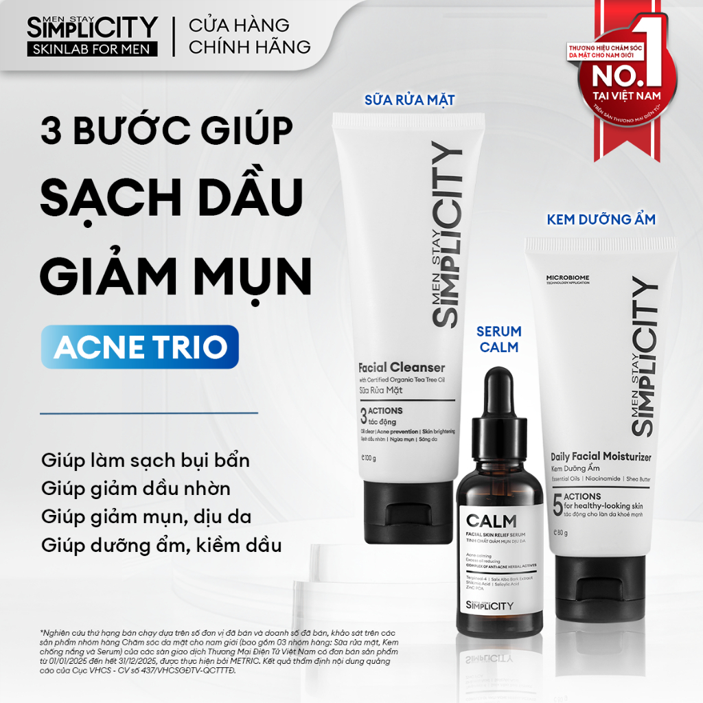 Combo Acne Trio chăm da dầu mụn cho nam Men Stay Simplicity: Sữa rửa mặt 100g, Serum Calm 30ml, Kem 
