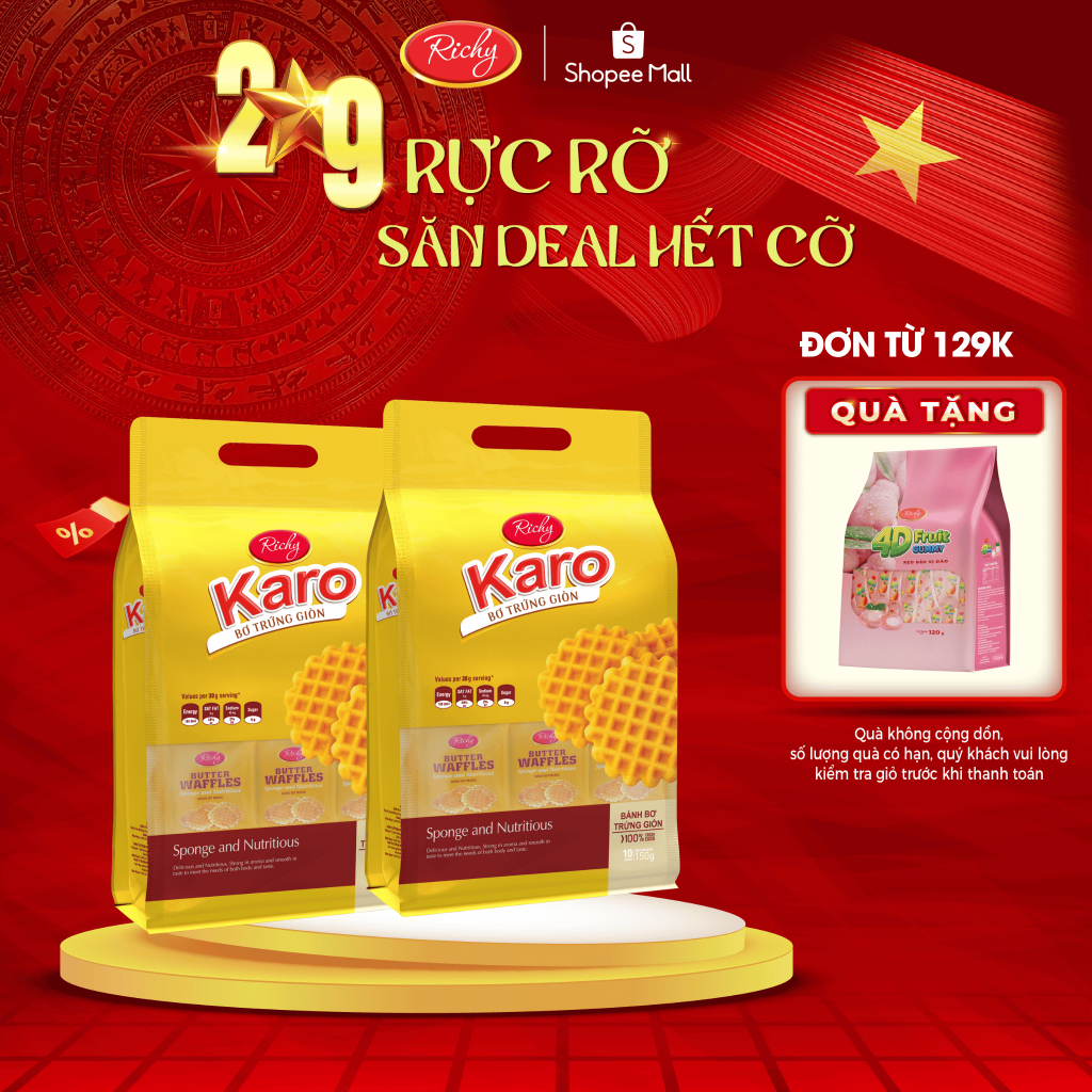 [Tặng quà đơn 129k] [BAO BÌ MỚI] Combo 2 Túi Bánh Karo Richy Bơ Trứng Giòn 150g back to school