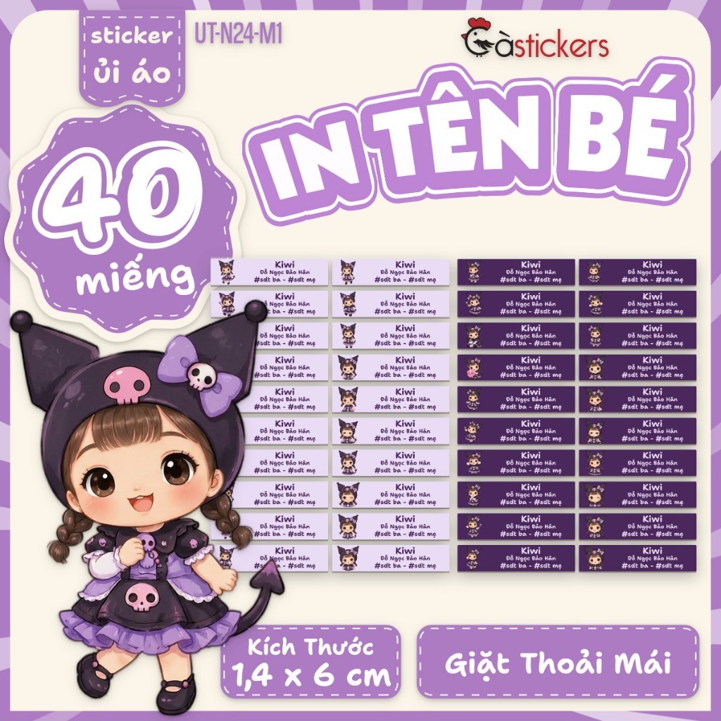 Set 40 sticker ủi áo in tên trẻ em, sticker in tên bé gái đi học mẫu giáo mầm non tiểu học lớp 1 UT4
