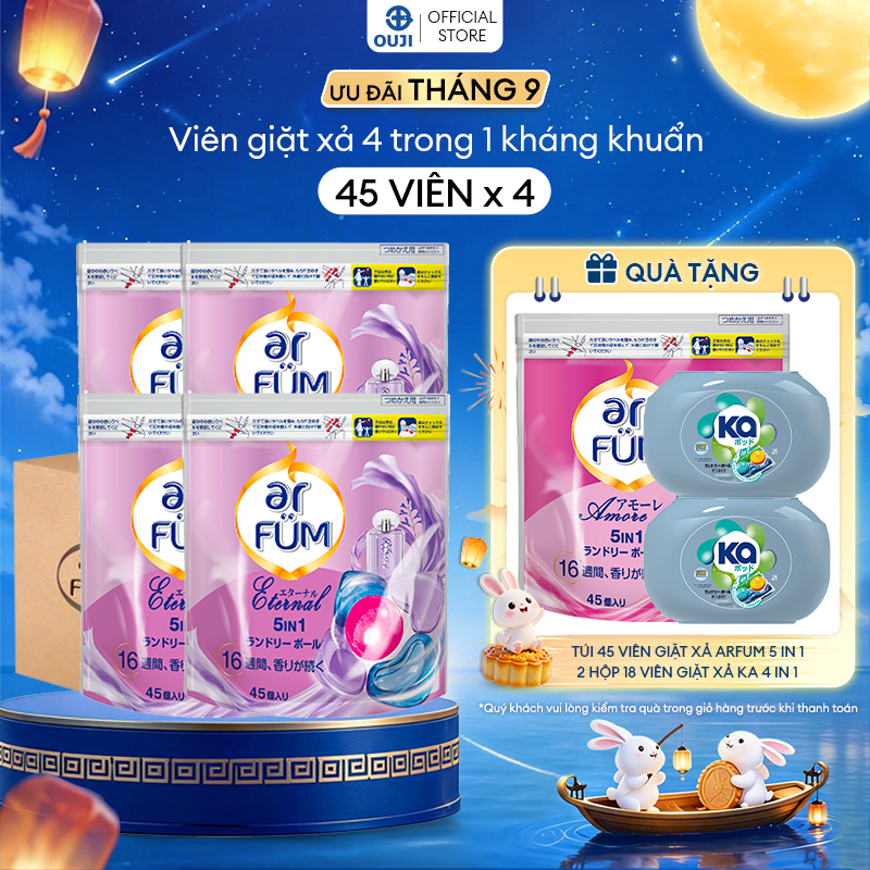 Thùng 4 Túi Viên giặt Quần áo arFUM 5 trong 1 MỚI với tinh dầu nước hoa, khử khuẩn 99% (túi 45 viên)
