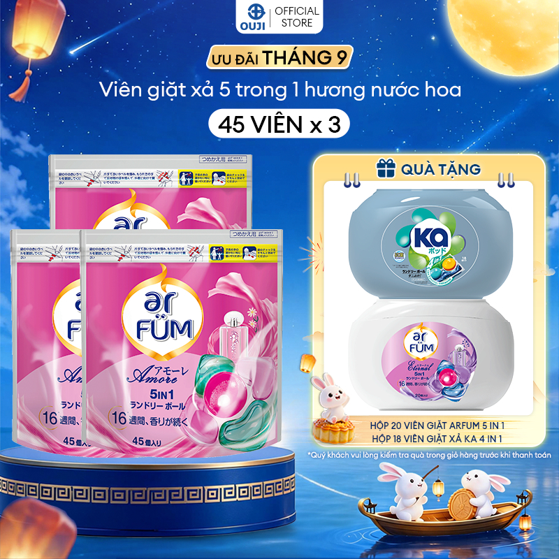 Combo 3 Túi Viên giặt Quần áo arFUM 5 trong 1 tinh dầu nước hoa, khử khuẩn 99% (túi 45 viên)