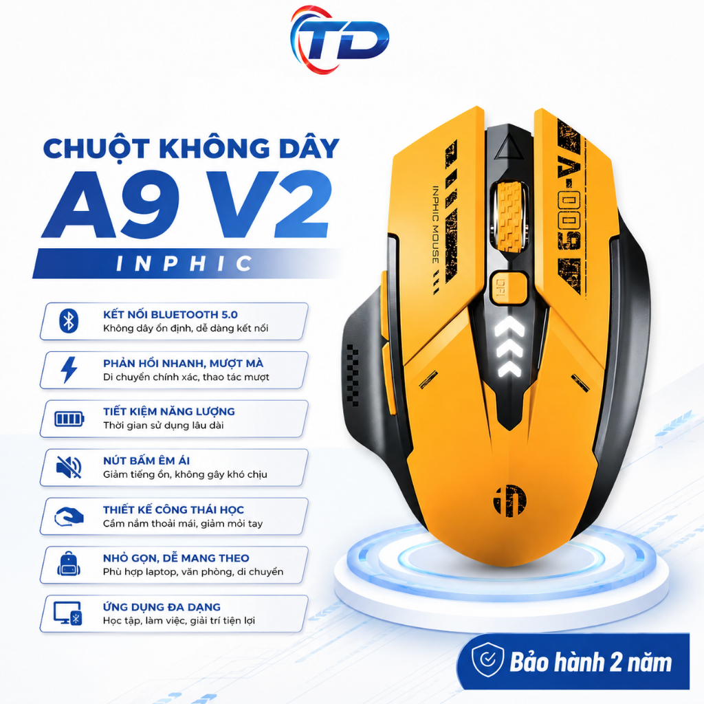 Chuột Không Dây Bluetooth INPHIC A9 V2 – Chuột Máy Tính Không Dây Nhỏ Gọn, Bấm Êm, Kết Nối Bluetooth