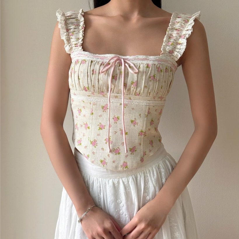 𝗖𝗹𝗼𝘁𝗵𝗲𝘀 𝗕𝗮𝗿 - Kylie Top (Little August) | Áo kiểu linen hoa hồng be xước