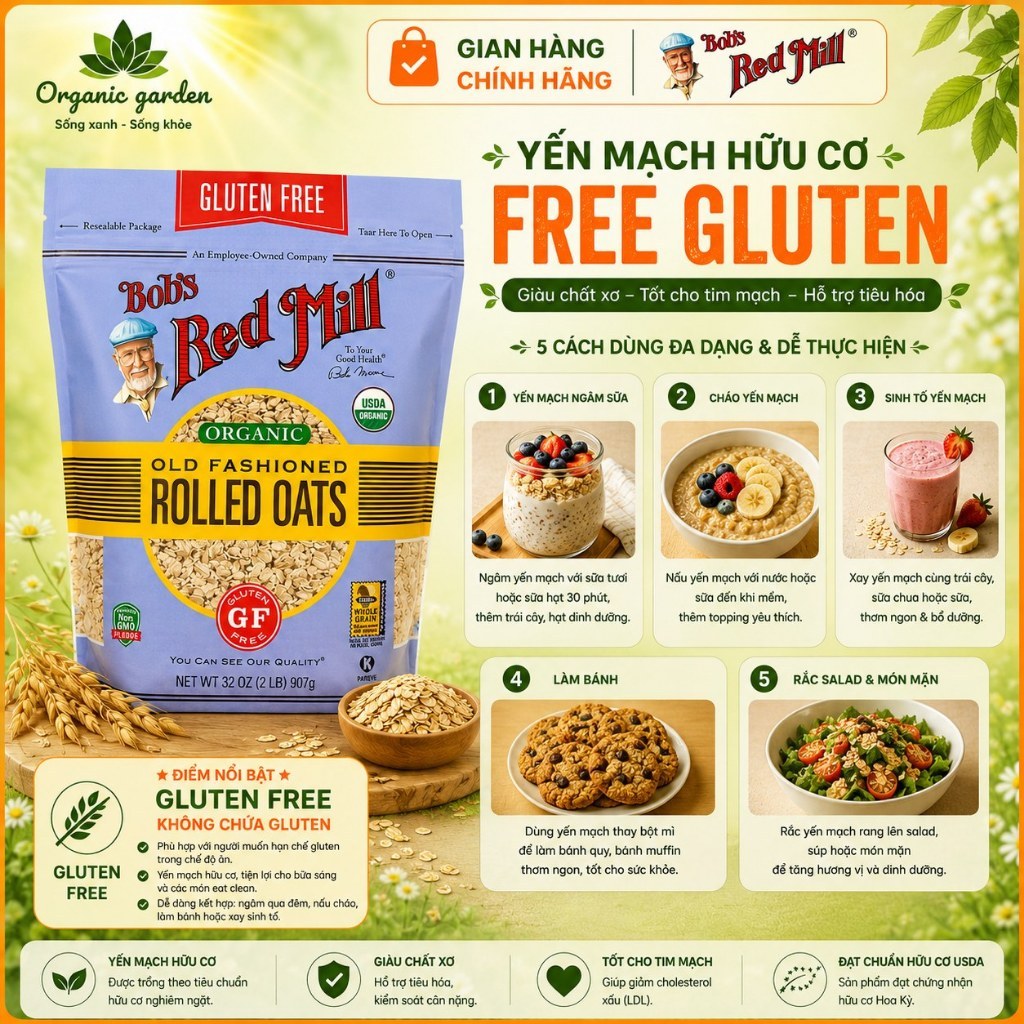Yến Mạch Cán Vừa Hữu Cơ Không Gluten BOB'S RED MILL Gluten Free Organic Rolled Oats 907g
