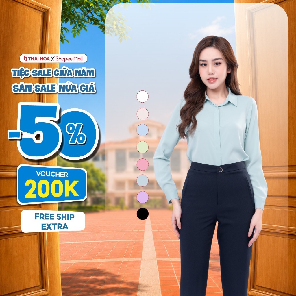 Áo sơ mi nữ R17 thiết kế dài tay sợi sen trơn form suông công sở Thái Hòa