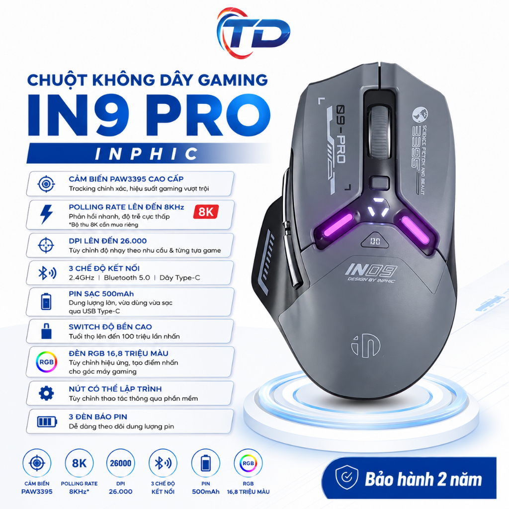 Chuột Không Dây Gaming INPHIC IN9 Pro Xám – Chuột Chơi Game PAW3395, DPI 26000, 3 Chế Độ Kết Nối